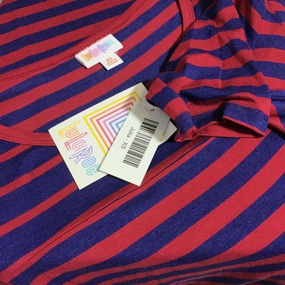 LuLaRoe Julia / Pencil Sheath Stretch Fabric Dress / Red Blue Stripe / Size XS - Picture 4 of 4